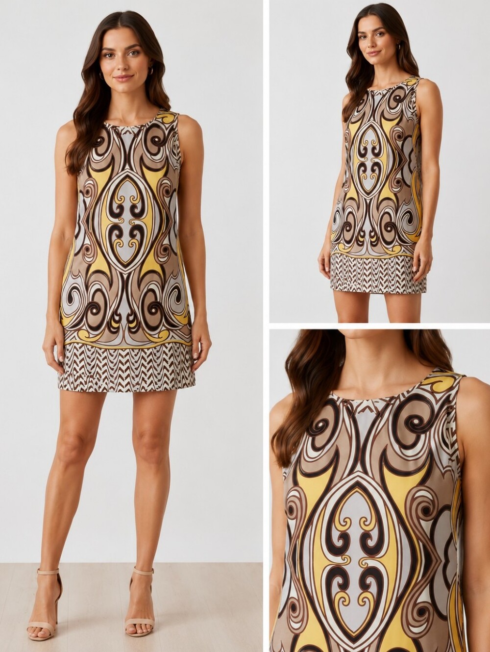 NELL 100% Silk Dress Yellow Black White Sleeveless Mod Chic 6 S Artsy Retro Mod‎